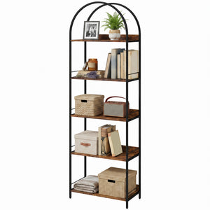 5-tier arched bookshelf with metal frame – Rustic brown and black