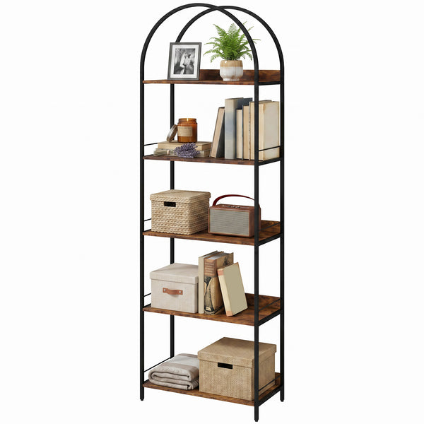 5-tier arched bookshelf with metal frame – Rustic brown and black
