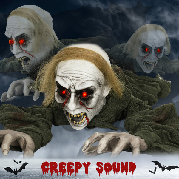 Crawling Zombie Halloween Decoration, Animated Decorative Accessory with Sound Activation and Light-Up Eyes