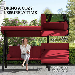 Swing chair for 3 people with steel canopy and padded seat, wine red