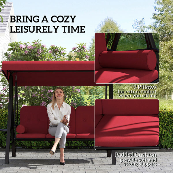 Swing chair for 3 people with steel canopy and padded seat, wine red