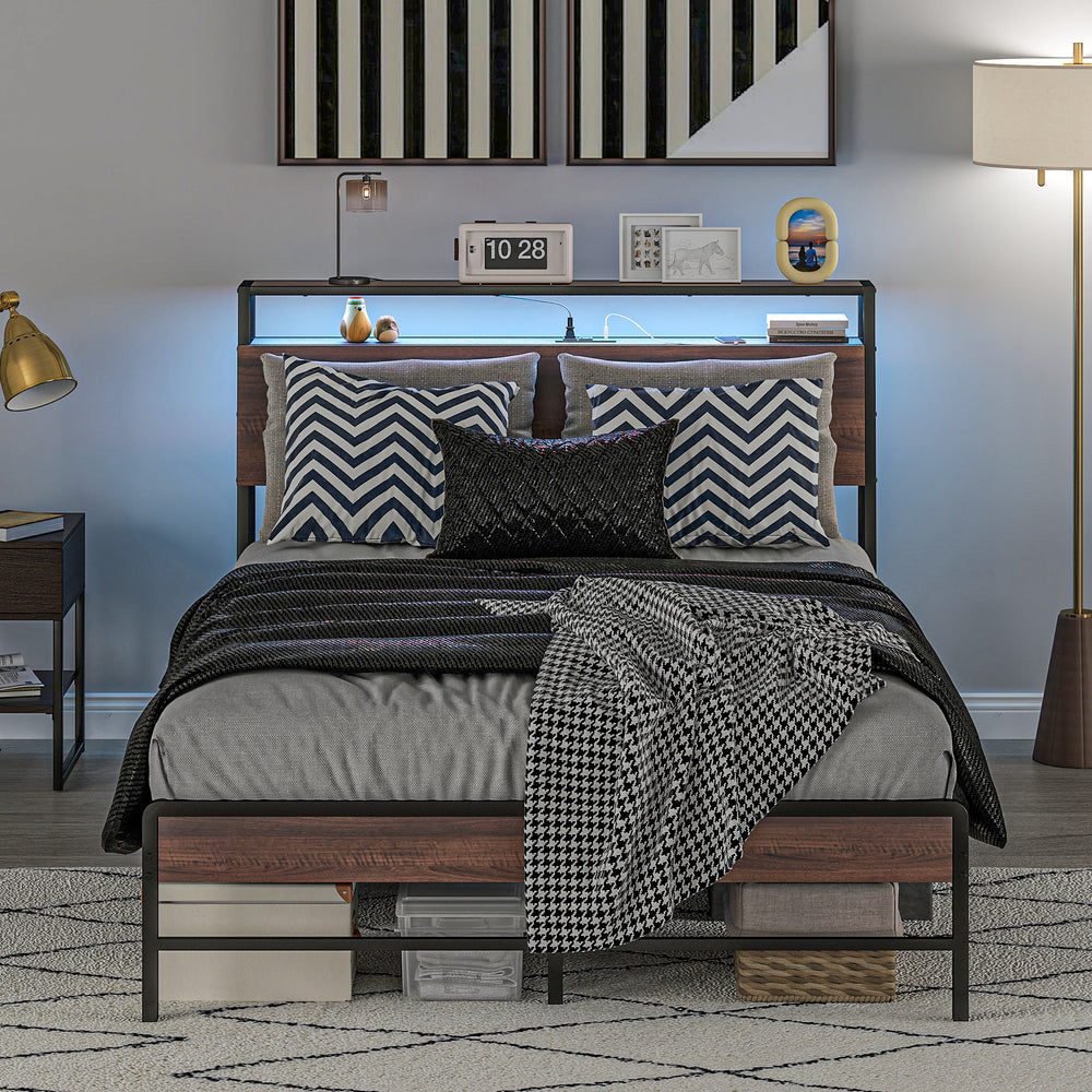 Double bed frame with LED lighting and charging station, walnut