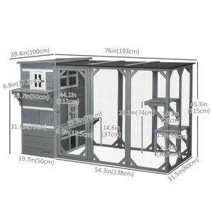 Wooden cat enclosure with asphalt roof and lockable doors, grey