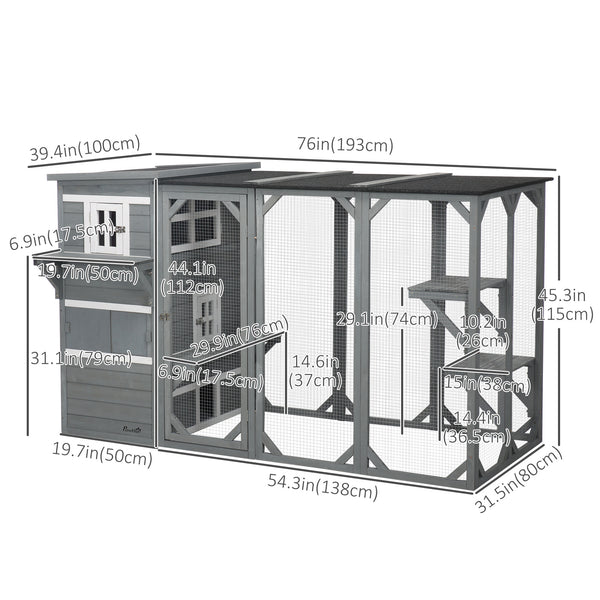 Wooden cat enclosure with asphalt roof and lockable doors, grey