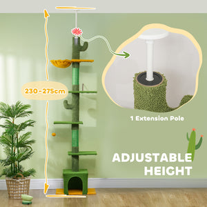 Cat tree with adjustable height from 230 to 274 cm, scratching posts, hammock, lounger and play ball, green