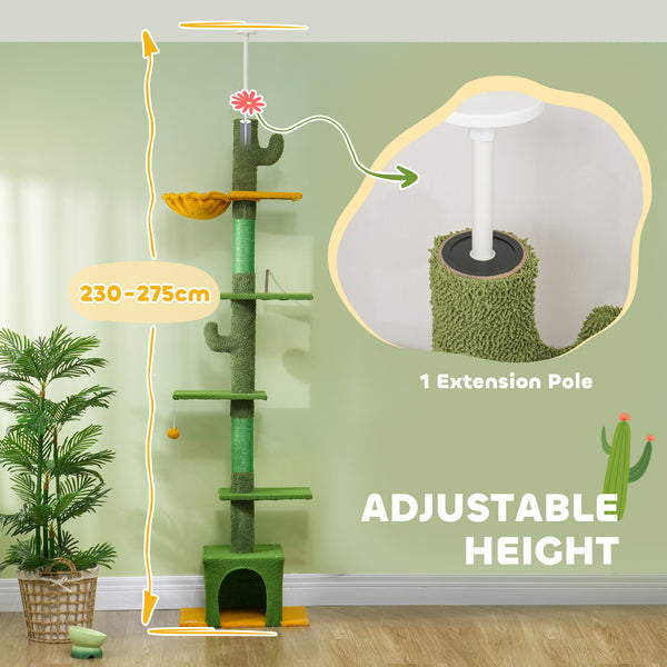 Cat tree with adjustable height from 230 to 274 cm, scratching posts, hammock, lounger and play ball, green