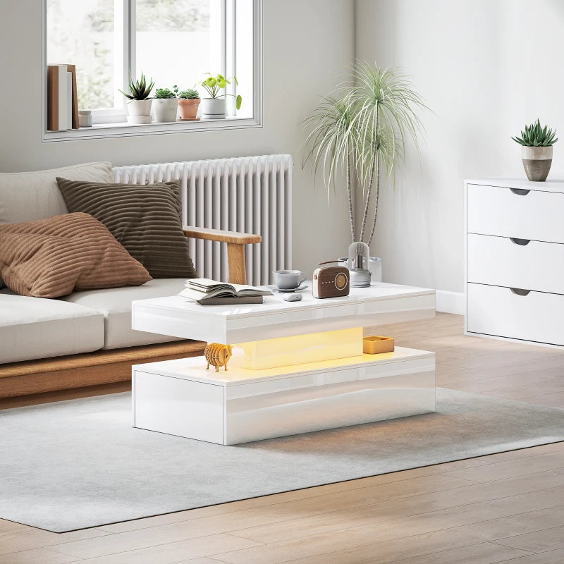 LED coffee table with 2 drawers and open shelf, glossy white