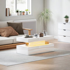LED coffee table with 2 drawers and open shelf, glossy white
