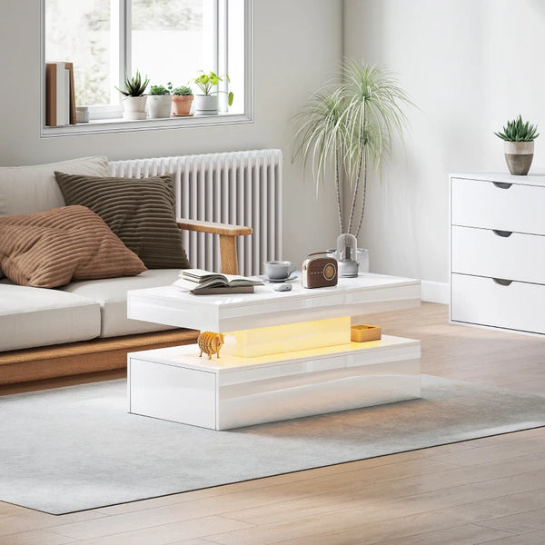 LED coffee table with 2 drawers and open shelf, glossy white