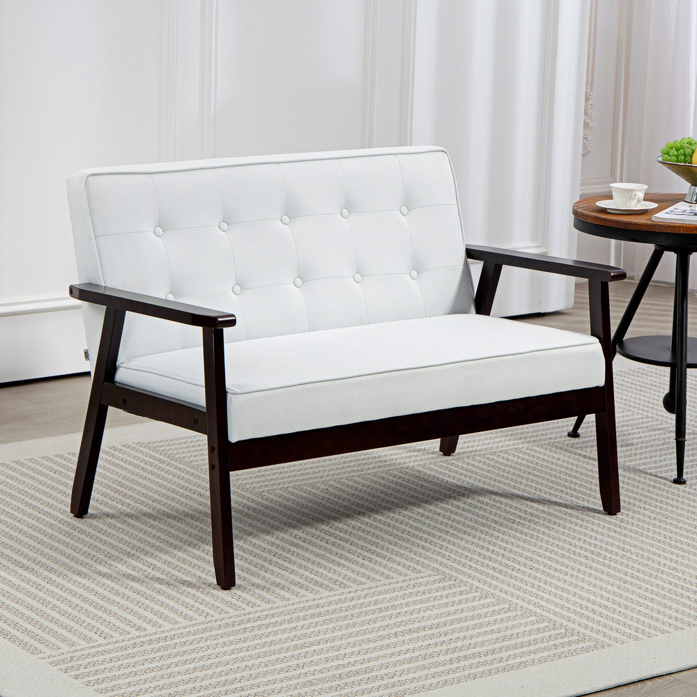 Modern upholstered 2 seater sofa with tufted back and wooden legs, cream white