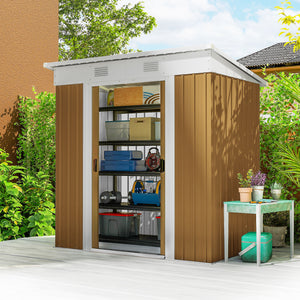 Metal garden shed with lockable sliding doors and ventilation, yellow