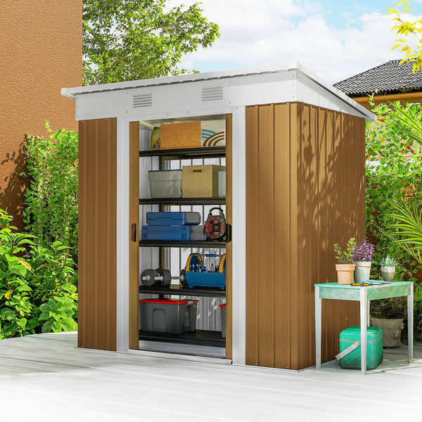 Metal garden shed with lockable sliding doors and ventilation, yellow