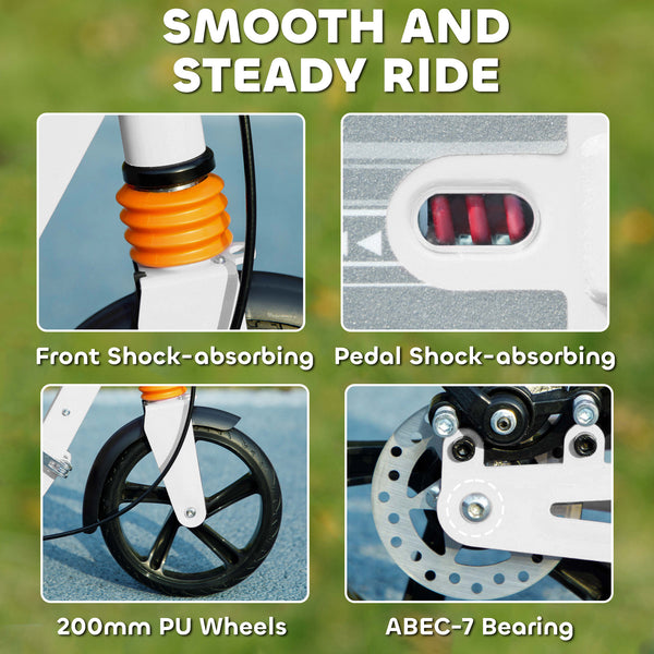 Foldable scooter, 4 adjustable heights, double brake and shock absorption, white