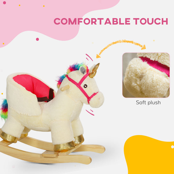 Rocking Unicorn with Sounds, Seat Belt, Wooden Base, Cream White