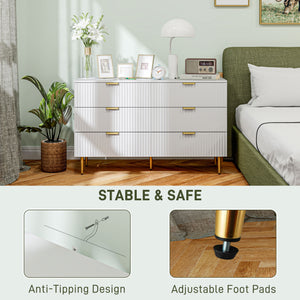 Modern 6 Drawer Bedroom Dresser with Gold Legs and Handles, White