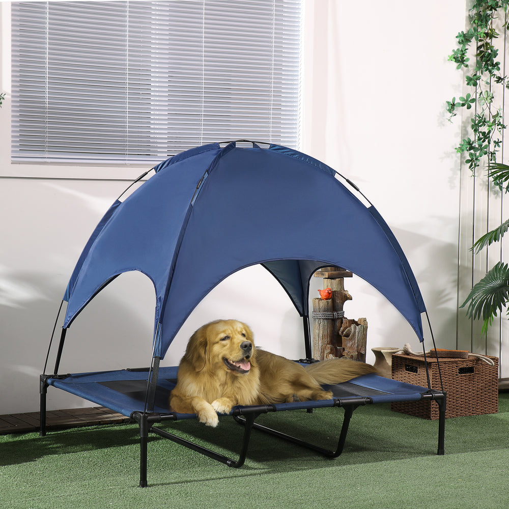 Cooling elevated dog bed with canopy, dark blue