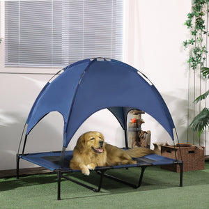 Cooling elevated dog bed with canopy, dark blue