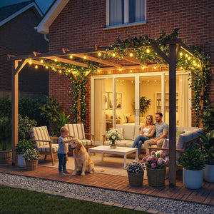 10' x 13' wooden pergola, triangular supports, concrete anchors, natural wood