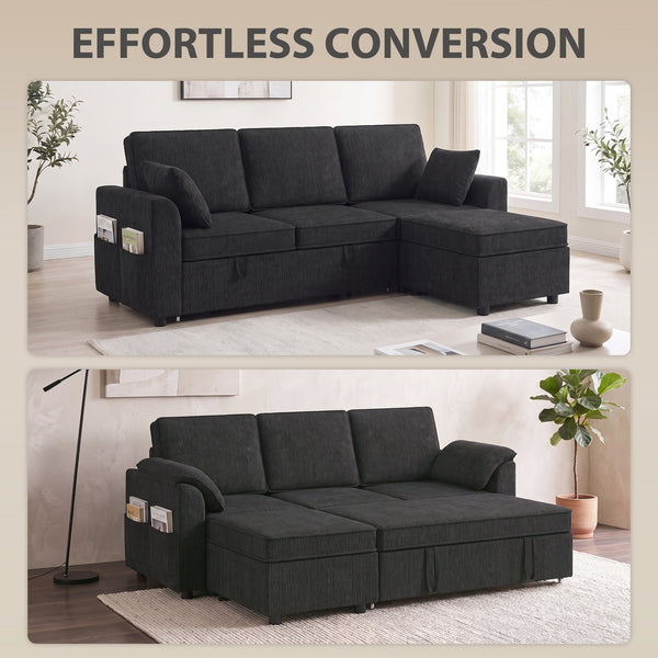 Reversible Sectional Sleeper Sofa with Storage, Black