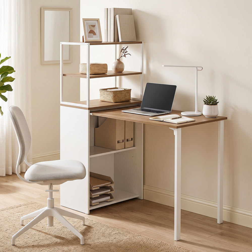 Foldable desk with 4-tier shelf for small spaces