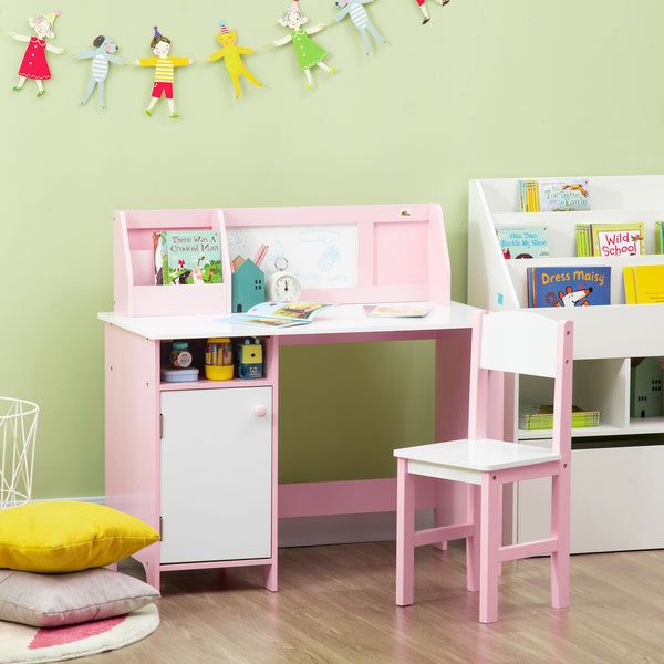 Kids Desk and Chair Set with Whiteboard, Storage and Shelves, Pink