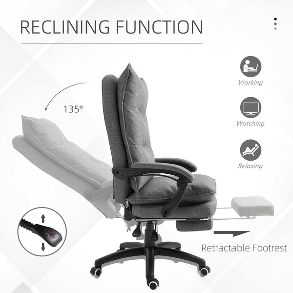 Reclining and height-adjustable office chair with retractable footrest, grey