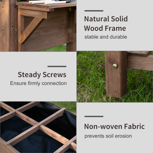 Raised garden bed with 8 compartments and storage shelf, brown