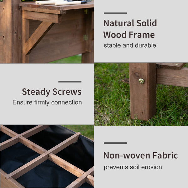 Raised garden bed with 8 compartments and storage shelf, brown