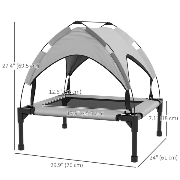 Elevated dog bed with breathable mesh canopy, light gray