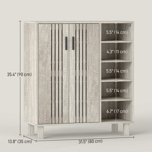 Shoe storage unit with double doors and open shelves, 17 pairs, light grey