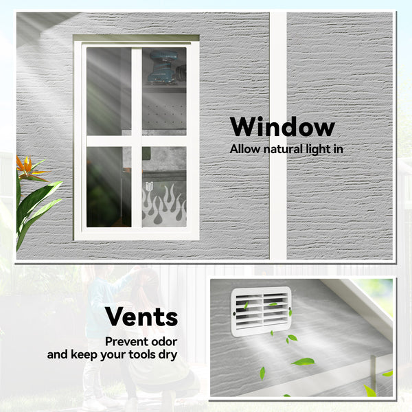 Resin garden shed with floor, window, lockable doors and ventilation, grey