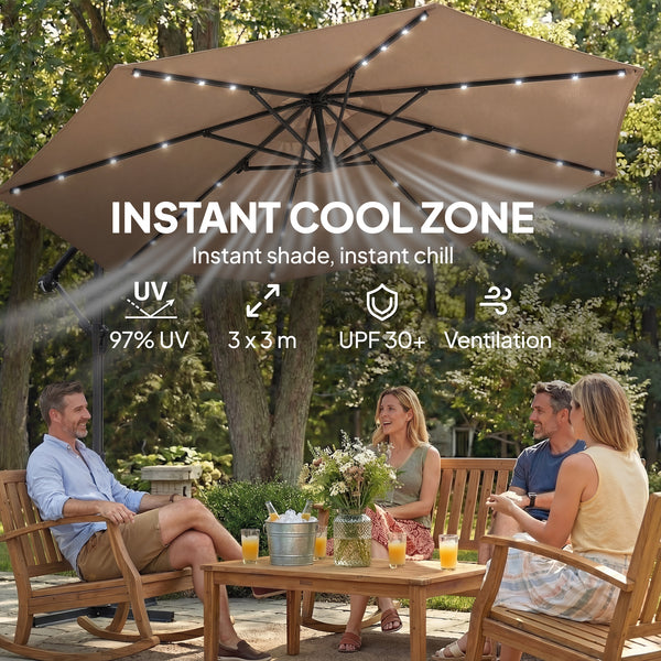 2.95 m cantilever patio umbrella with solar lighting, protective cover, tilt function, crank, khaki