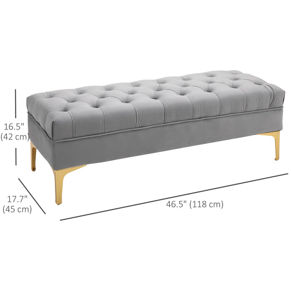Upholstered bedside bench with button tufting, gray