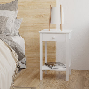 Multifunctional side table with drawer and storage shelf, white
