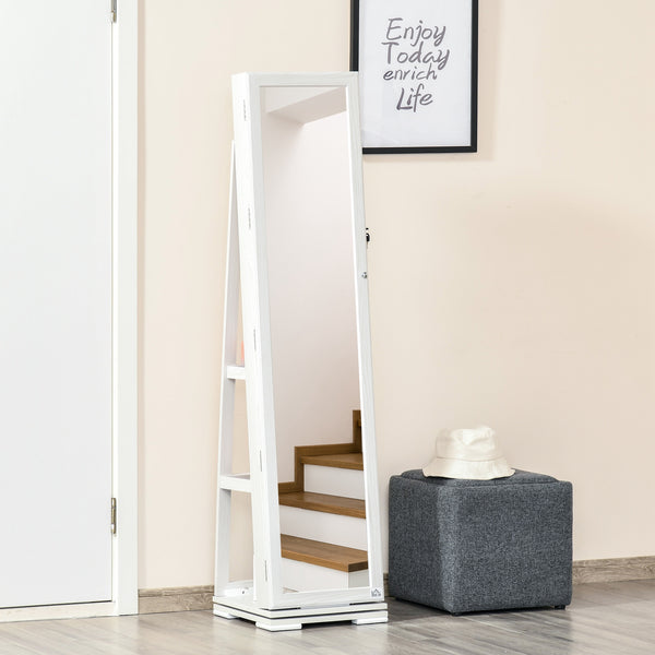 360° Rotating Jewelry Cabinet, Lockable, with Built-in Mirror, White