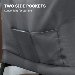 Modern accent chair with side pockets and solid steel legs, gray