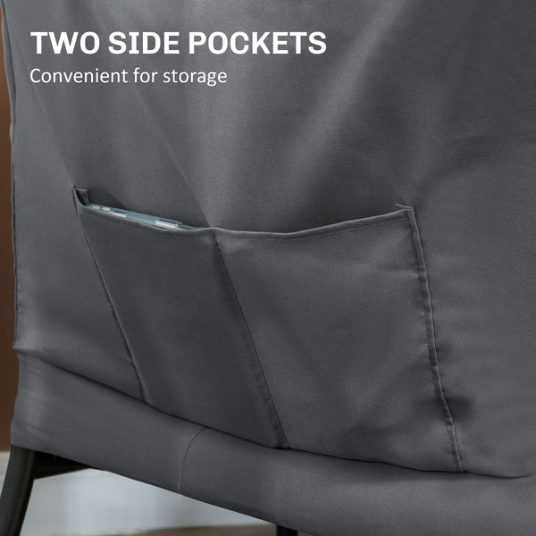 Modern accent chair with side pockets and solid steel legs, gray