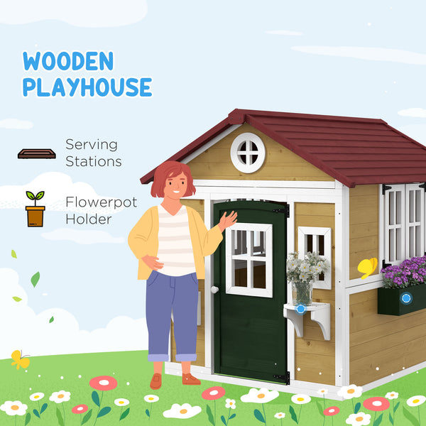 Outdoor wooden playhouse with door, windows, flower pots and boxes