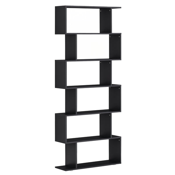 S-shaped wooden bookcase with 6 shelves, black