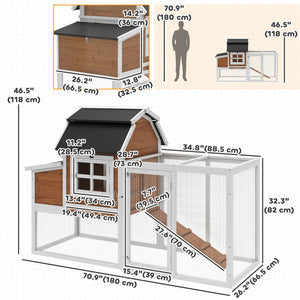 Wooden chicken coop with run, removable tray, nest box and waterproof asphalt roof