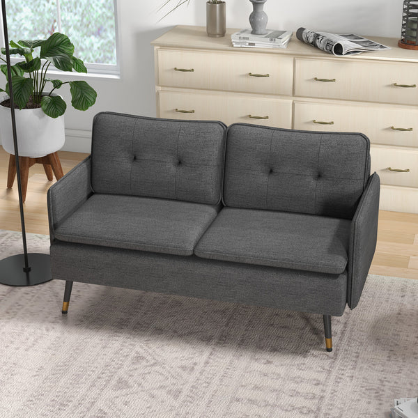 Modern fabric loveseat sofa with tufted back and steel legs, dark gray