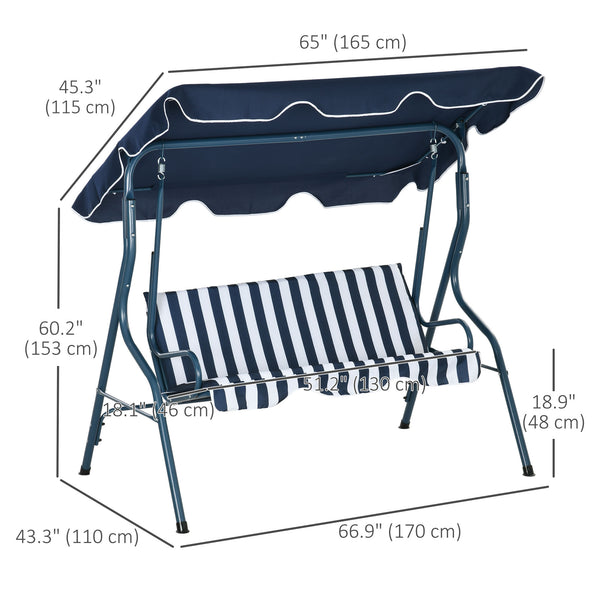 Outdoor Porch Swing with Adjustable Canopy, 3-Seater Patio Swing Chair with Cushion, Blue