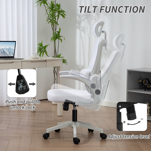 High-back mesh office chair with swivel headrest, cream white