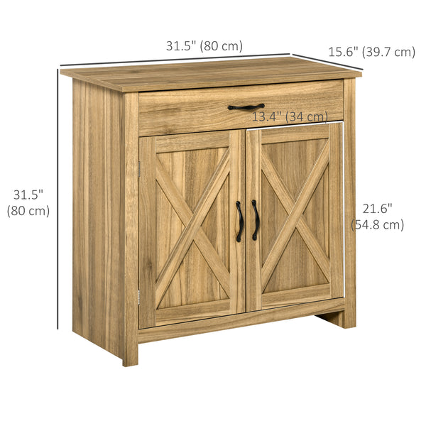 Farmhouse style sideboard with barn-style sliding doors, aged brown