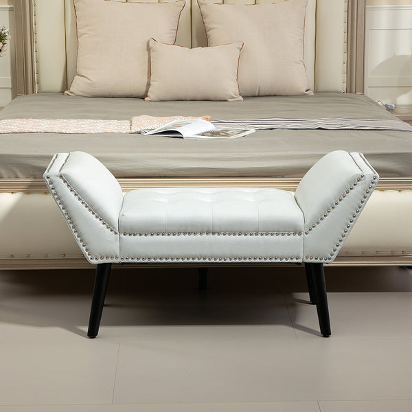 Modern upholstered bench with arms and nailhead trim, white