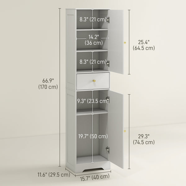 Slim storage unit with 2 doors, drawer and adjustable shelf, white wood look
