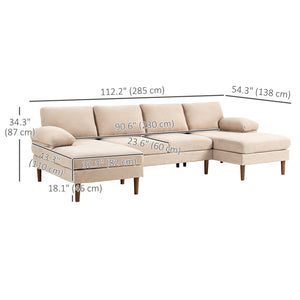4-seater U-shaped sofa with double chaise longue and wooden legs, beige