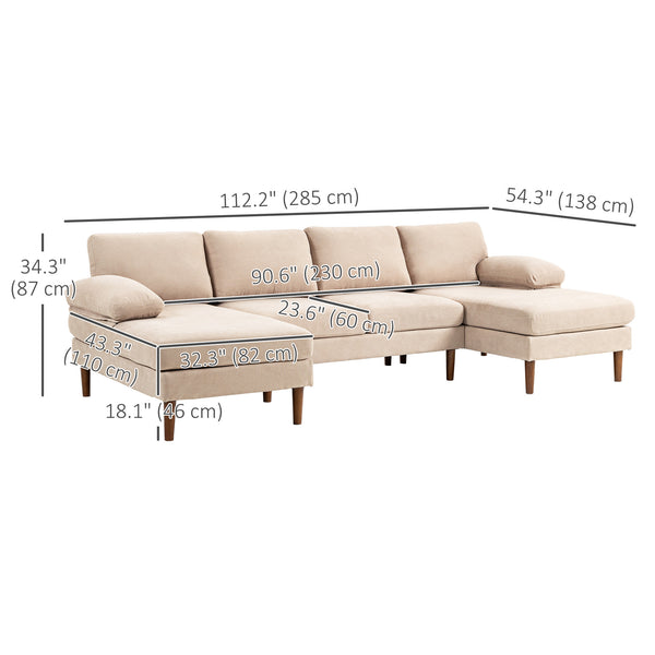 4-seater U-shaped sofa with double chaise longue and wooden legs, beige