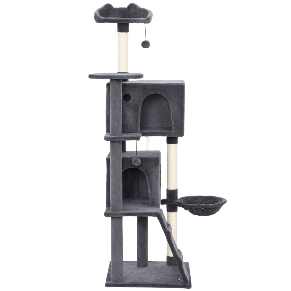 160cm Cat Tree with Scratching Posts, Cabins, Soft Perches, Hammock, Ladder, Dark Grey
