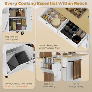 White mobile kitchen island with fold-down countertop, electrical outlets and storage